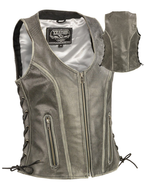 MLL4531GREY - Women's Distressed Grey Open Neck Leather Vest