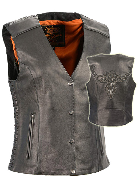 SH4570BLK - Women's Snap Front Vest Phoenix Studding & Embroider