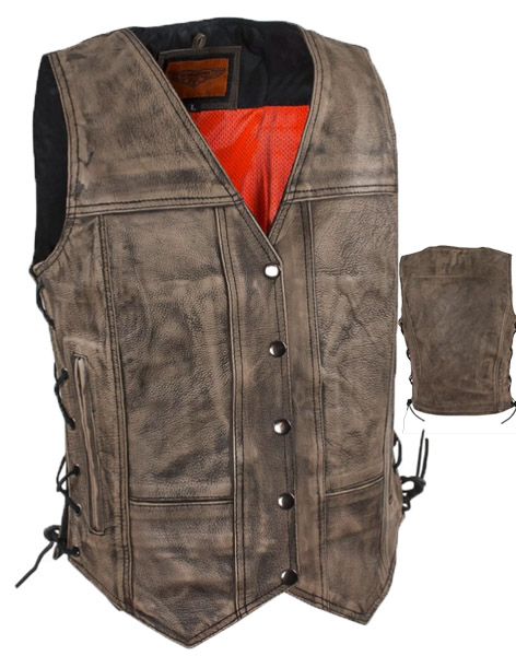 DMV310 - Women's Distress Brown Leather Side lace Vest