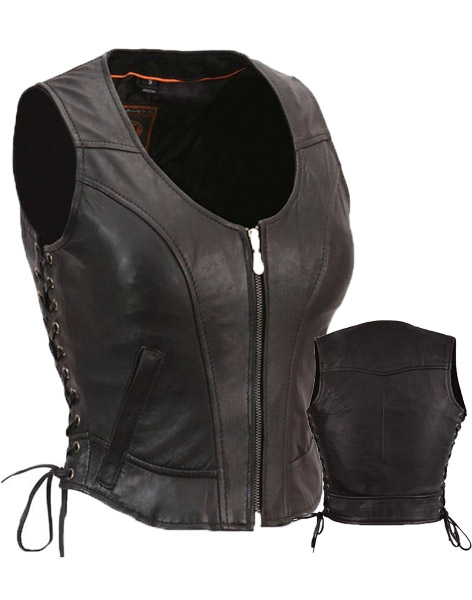 F542 - Raven Women's Zip Front Side-lace Motorcycle Vest