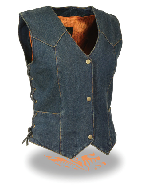 MDL4001BLU - WOMEN’S SIDE LACE 3 SNAP FRONT DENIM VEST