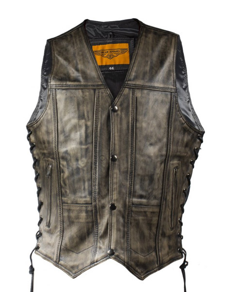 MV310 - Mens Distressed Brown Motorcycle Vest With 10 Pockets