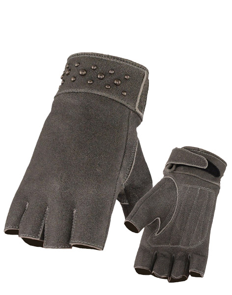 SH7761GRY - Ladies Fingerless Leather Glove Gel Pam & Rivets