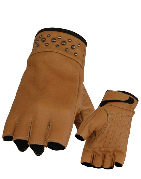 SH7761SDL - Ladies Fingerless Leather Glove Gel Pam & Rivets