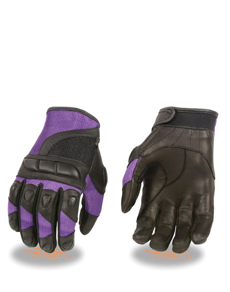 SH802PURP - LADIES MESH/LEATHER COMBO RACING GLOVE W/ PADDED KNU