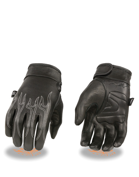 SH820 - MEN’S PREMIUM LEATHER CRUISER GLOVES W/ FLAME EMBROIDERY