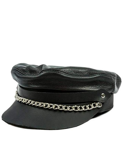 Men's Flat Top Genuine Leather Biker Cap With Chain