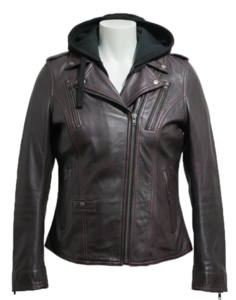 Women's Purple Leather Jacket with Removable Hood